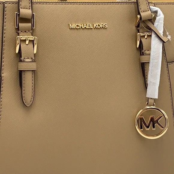 MICHAEL KORSJet Set Lg Crossgrain Leather Top-Zip Charlotte Tote ShoulderCamel